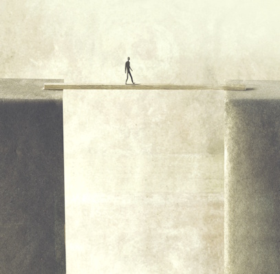 Painting of a person walking across a narrow board to cross a chasm