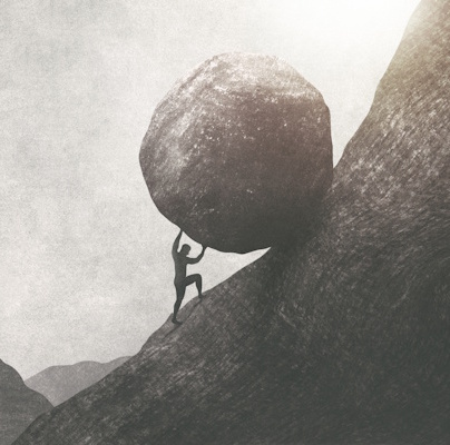Photo of Sisyphus pushing a boulder up a hill