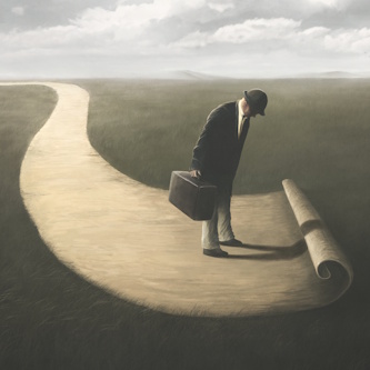 Painting of man standing at the end of a road